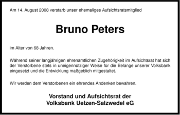 Traueranzeige von Bruno Peters von ALLGEMEINE ZEITUNG UELZEN