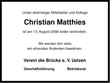 Traueranzeige von Christian Matthies von ALLGEMEINE ZEITUNG UELZEN