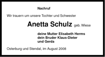 Traueranzeige von Anetta Schulz von ALLGEMEINE ZEITUNG UELZEN