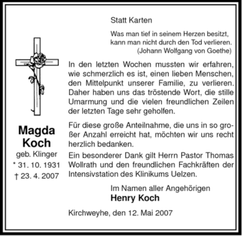 Traueranzeige von Magda Koch von ALLGEMEINE ZEITUNG UELZEN