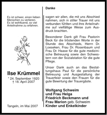 Traueranzeige von Ilse Krümmel von ALLGEMEINE ZEITUNG UELZEN