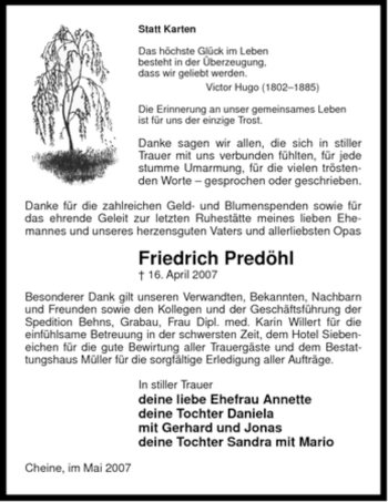 Traueranzeige von Friedrich Predöhl von ALLGEMEINE ZEITUNG UELZEN