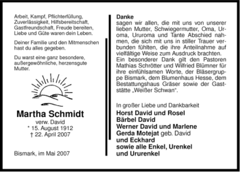 Traueranzeige von Martha Schmidt von ALLGEMEINE ZEITUNG UELZEN