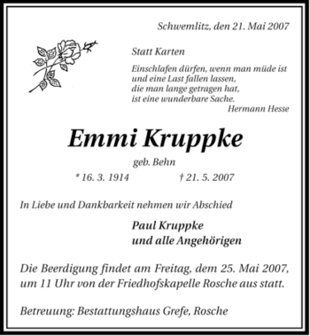 Traueranzeige von Emmi Kruppke von ALLGEMEINE ZEITUNG UELZEN