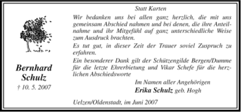 Traueranzeige von Bernhard Schulz von ALLGEMEINE ZEITUNG UELZEN