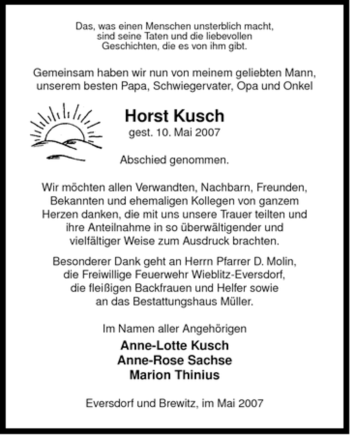 Traueranzeige von Horst Kusch von ALLGEMEINE ZEITUNG UELZEN