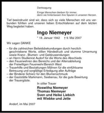 Traueranzeige von Ingo Niemeyer von ALLGEMEINE ZEITUNG UELZEN