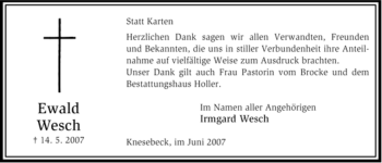 Traueranzeige von Ewald Wesch von ALLGEMEINE ZEITUNG UELZEN