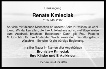 Traueranzeige von Renate Kmieciak von ALLGEMEINE ZEITUNG UELZEN