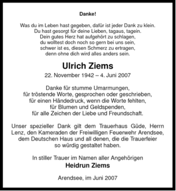 Traueranzeige von Ulrich Ziems von ALLGEMEINE ZEITUNG UELZEN