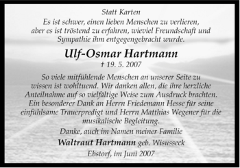 Traueranzeige von Ulf-Osmar Hartmann von ALLGEMEINE ZEITUNG UELZEN
