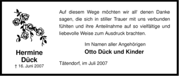 Traueranzeige von Hermine Dück von ALLGEMEINE ZEITUNG UELZEN