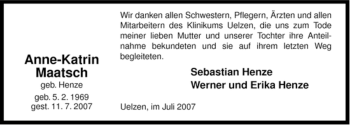 Traueranzeige von Anne-Katrin Maatsch von ALLGEMEINE ZEITUNG UELZEN