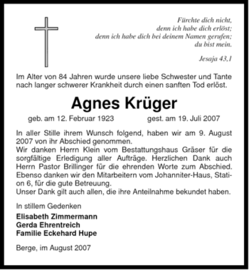 Traueranzeige von Agnes Krüger von ALLGEMEINE ZEITUNG UELZEN