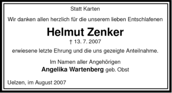 Traueranzeige von Helmut Zenker von ALLGEMEINE ZEITUNG UELZEN