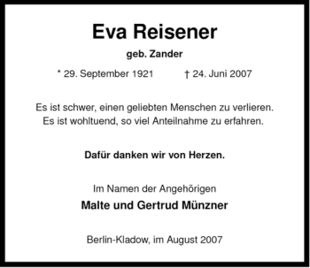 Traueranzeige von Eva Reisener von ALLGEMEINE ZEITUNG UELZEN