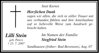 Traueranzeige von Lilli Stein von ALLGEMEINE ZEITUNG UELZEN
