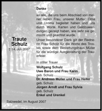 Traueranzeige von Traute Schulz von ALLGEMEINE ZEITUNG UELZEN