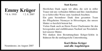 Traueranzeige von Emmy Krüger von ALLGEMEINE ZEITUNG UELZEN