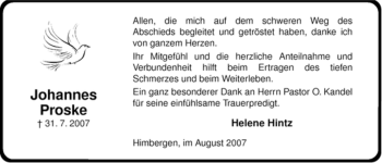 Traueranzeige von Johannes Proske von ALLGEMEINE ZEITUNG UELZEN