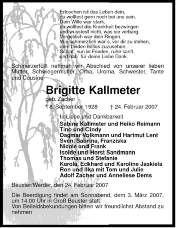 Traueranzeige von Brigitte Kallmeter von ALLGEMEINE ZEITUNG UELZEN