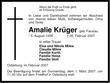 Traueranzeige von Amalie Krüger von ALLGEMEINE ZEITUNG UELZEN