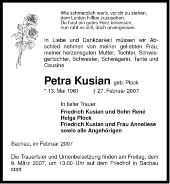 Traueranzeige von Petra Kusian von ALLGEMEINE ZEITUNG UELZEN