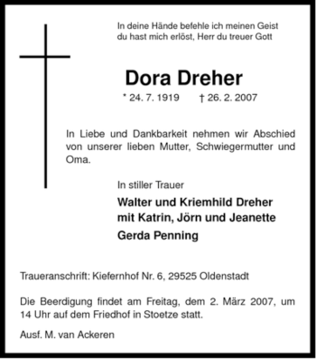Traueranzeige von Dora Dreher von ALLGEMEINE ZEITUNG UELZEN