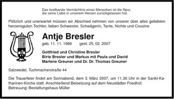 Traueranzeige von Antje Bresler von ALLGEMEINE ZEITUNG UELZEN