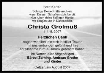 Traueranzeige von Christa Grolmuß von ALLGEMEINE ZEITUNG UELZEN