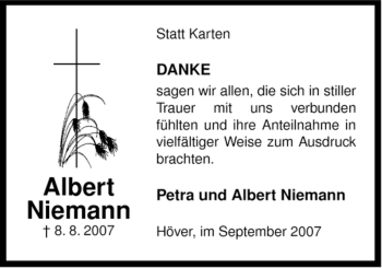 Traueranzeige von Albert Niemann von ALLGEMEINE ZEITUNG UELZEN