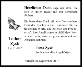 Traueranzeige von Lothar Zysk von ALLGEMEINE ZEITUNG UELZEN