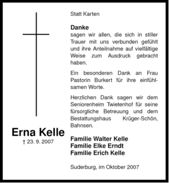 Traueranzeige von Erna Kelle von ALLGEMEINE ZEITUNG UELZEN