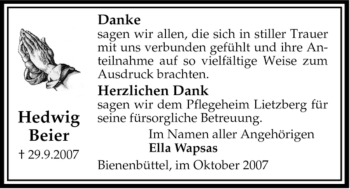 Traueranzeige von Hedwig Beier von ALLGEMEINE ZEITUNG UELZEN