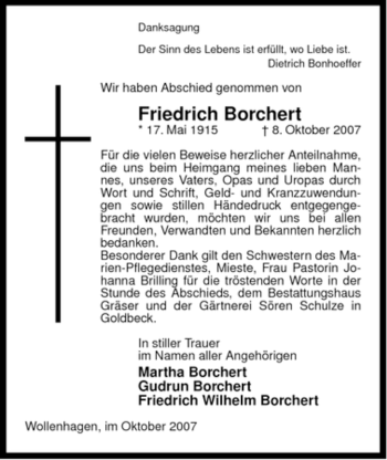 Traueranzeige von Friedrich Borchert von ALLGEMEINE ZEITUNG UELZEN