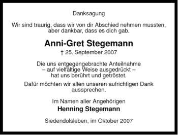 Traueranzeige von Anni-Gret Stegemann von ALLGEMEINE ZEITUNG UELZEN