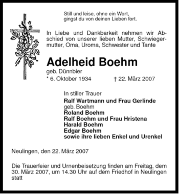 Traueranzeige von Adelheid Boehm von ALLGEMEINE ZEITUNG UELZEN