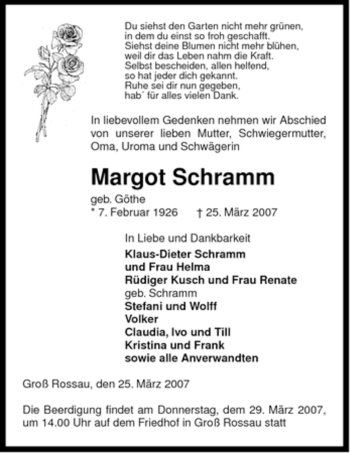 Traueranzeige von Margot Schramm von ALLGEMEINE ZEITUNG UELZEN