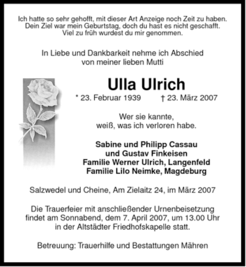 Traueranzeige von Ulla Ulrich von ALLGEMEINE ZEITUNG UELZEN