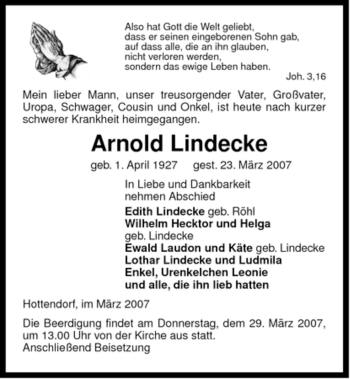 Traueranzeige von Arnold Lindecke von ALLGEMEINE ZEITUNG UELZEN