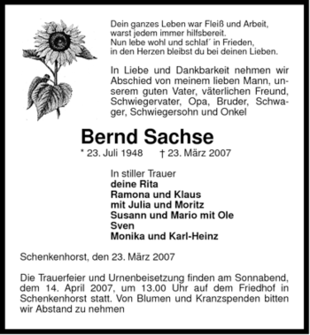 Traueranzeige von Bernd Sachse von ALLGEMEINE ZEITUNG UELZEN