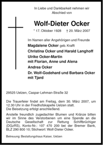 Traueranzeige von Wolf-Dieter Ocker von ALLGEMEINE ZEITUNG UELZEN