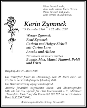 Traueranzeige von karin Zymmek von ALLGEMEINE ZEITUNG UELZEN