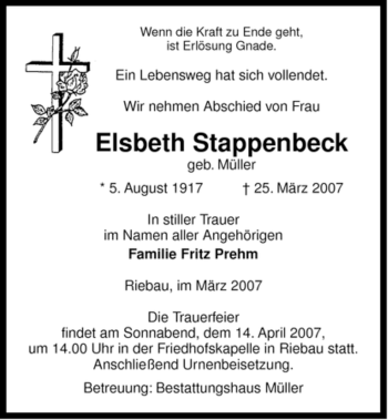 Traueranzeige von Elsbeth Stappenbeck von ALLGEMEINE ZEITUNG UELZEN