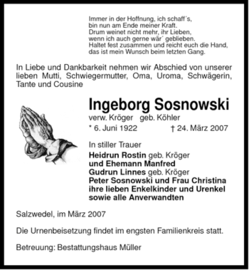 Traueranzeige von Ingeborg Sosnowski von ALLGEMEINE ZEITUNG UELZEN