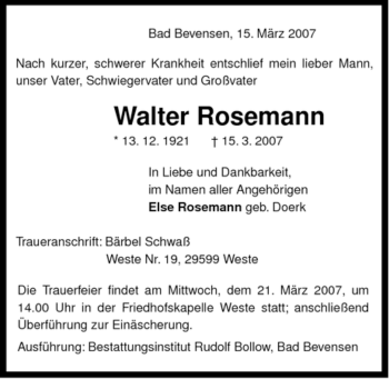 Traueranzeige von Walter Rosemann von ALLGEMEINE ZEITUNG UELZEN