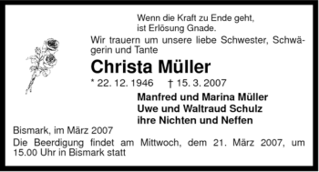 Traueranzeige von Christa Müller von ALLGEMEINE ZEITUNG UELZEN