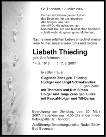 Traueranzeige von Lisbeth Thieding von ALLGEMEINE ZEITUNG UELZEN