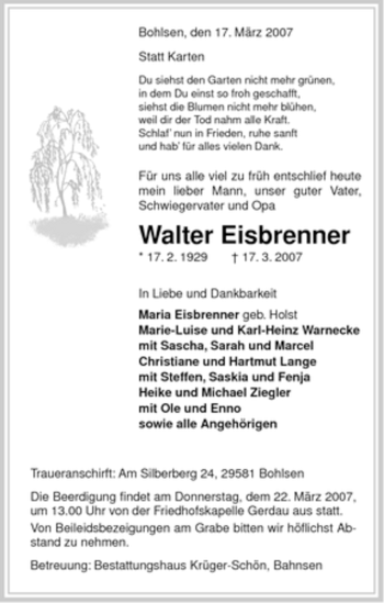 Traueranzeige von Walter Eisbrenner von ALLGEMEINE ZEITUNG UELZEN
