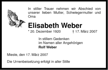 Traueranzeige von Elisabeth Weber von ALLGEMEINE ZEITUNG UELZEN